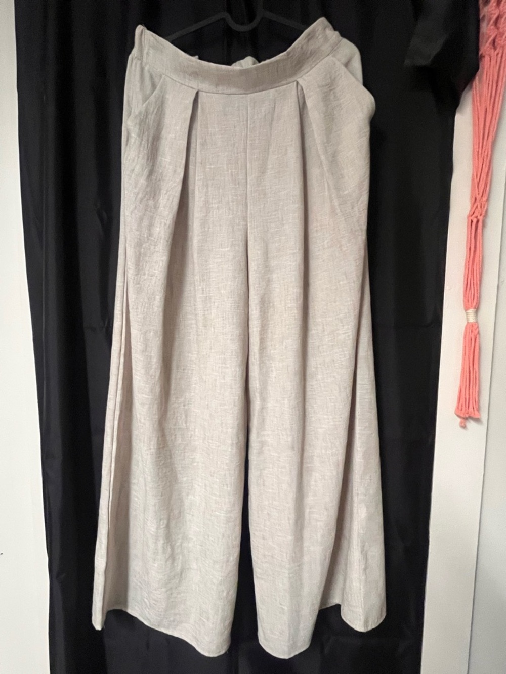 Wide-Leg Linen Blend Pants in Light Beige